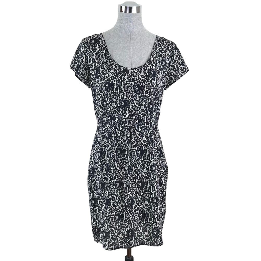 Joie Dress Womens Medium Cocktail Lace Print Silk Black Cream Knee Length Formal